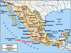 Map of Mexico showing Zihuatanejo and Ixtapa